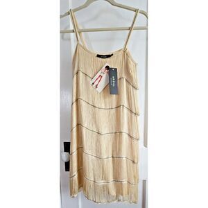NWT OAK & CO 1920 cocktail dress fringed chains seam accent Women Sz small beige